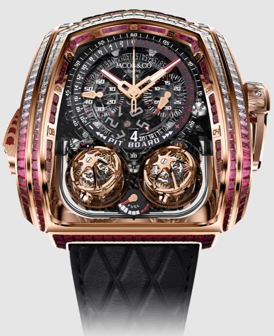 Review Jacob & Co TWIN TURBO FURIOUS BAGUETTE WHITE DIAMONDS AND RUBIES ROSE GOLD TT800.40.BR.AA.A Replica watch - Click Image to Close